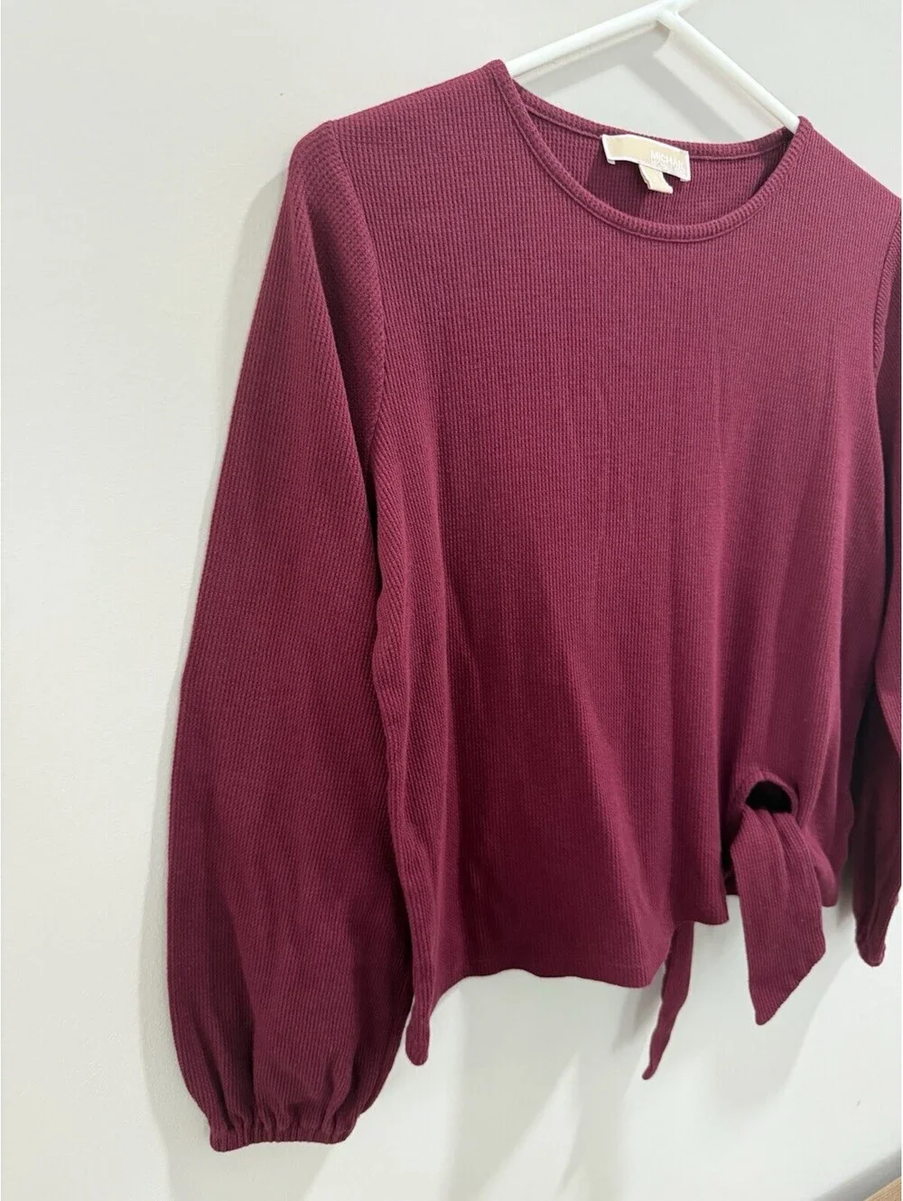 MICHAEL Michael Kors Burgundy Solid Knit Round Neck Balloon Sleeve Tie Hem M